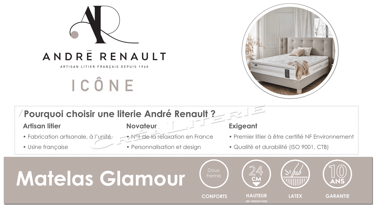 matelas andré renault glamour 24 cm, 100% latexair d'origine naturelle fabriqué en france